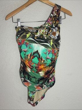 NEW Mardu One Shoulder Swimsuit Tropical Floral Exotic Rhinestones Resortwear